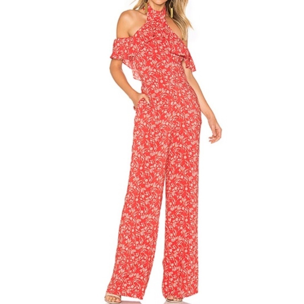 Ale by Alessandra Elegant Red Floral Women's Jumpsuit ruffle neckline size large